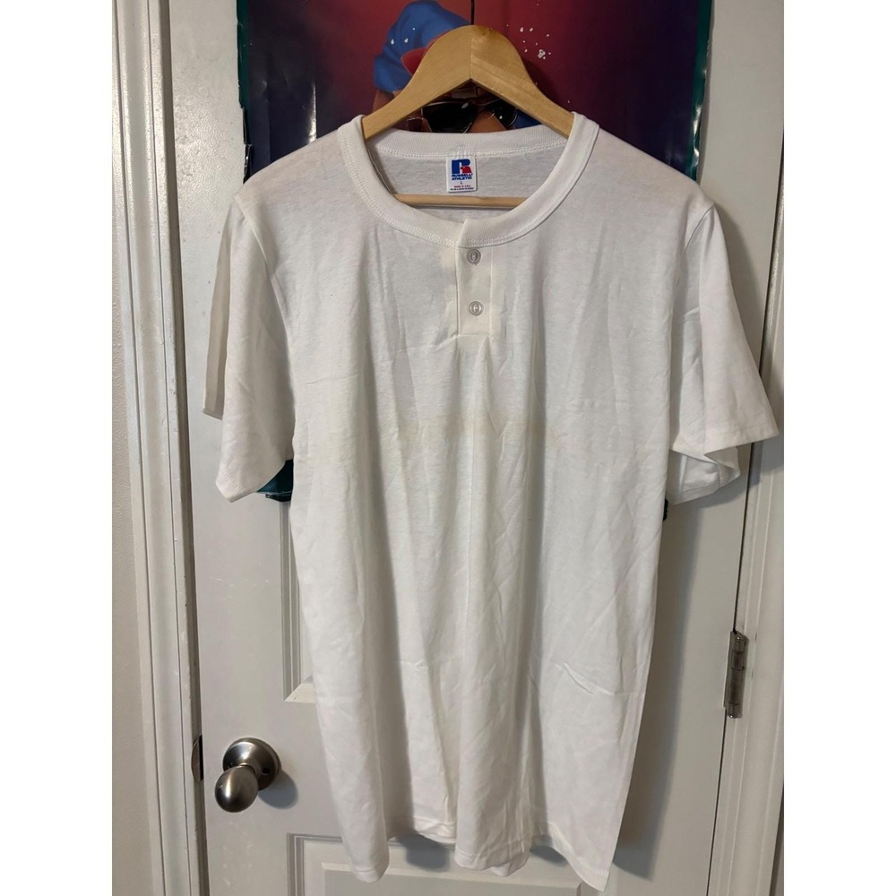 Vintage Russell Athletic Henley T Shirt Mens Large White Short Sleeve